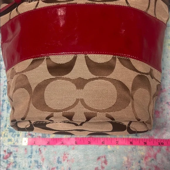 Coach Brown Signature Canvas Shoulder Bag with Red Patent Accent - Picture 2 of 2